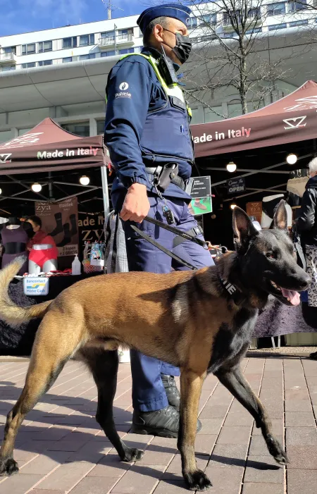 Politieman met hond op markt
